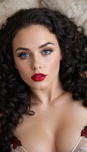 La chica sueca con los ojos perfectos y las tetas grandes naturales se puso en su espalda, lista para una sesión de fotos. Tenía un largo pelo rizado negro, un eyeliner pesado y una sombra de ojos negra. Sus labios fueron inyectados con lápiz labial rojo, haciendo