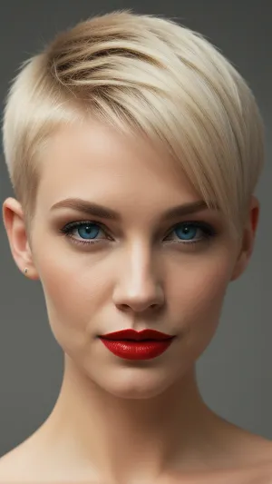 一个漂亮的女人 用明亮的红色口红, 精灵金发, 短剪的精灵剪, 和蓝色的眼睛 正在享受的感觉 的嗡嗡声剪