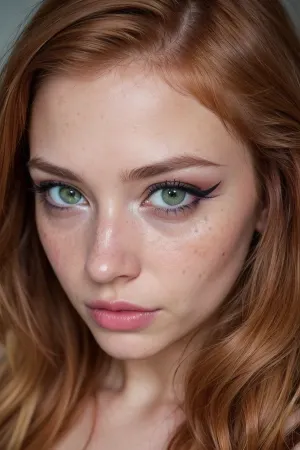 A young woman with freckles and moles, makeup smeared across her face, and a dilated pupils. Her hair is disheveled and her mascara tears run down her cheeks. She's wearing a red ru1n3dm