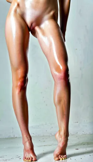 A scantily clad 25-year-old woman with long legs and feet poses in a mysterious photo, showing off her toned body and high cheekbones. Her hair is long and straight, framing her face. She wears thin glasses that magn