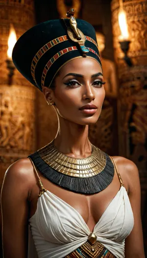 Uma imagem fotorealista de alta resolução de um belo estilo African Queen Nefertiti, vestindo um vestido antic egípcio transparente com buskins planas gregas brancas, topless e meia nu, tits visíveis e frontal cheio. A imagem é 8k