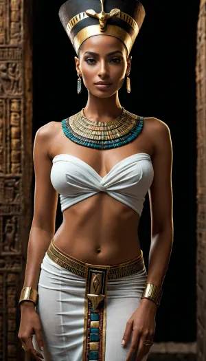 Uma imagem fotorealista de alta resolução de uma bela rainha egípcia em seu estilo ultrarealista de 8k com vista frontal completa, branco grego buskins planas, topless, meia nu e vestindo um vestido egyptian antic transparente