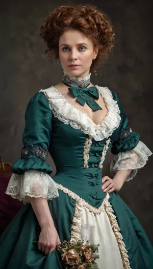 Ein Porträt einer Frau im viktorianischen Stil Kleid mit ihrem Haar in einem Busch, tragen ein gefrilltes viktorianisches Kleid und Vorderseite