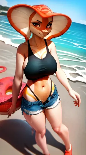 身穿坦克顶部和短裤的女孩,带着她的滑板身体露出,在摇晃她的大乳房和尾巴时走向海滩