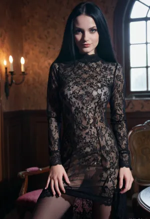 A menina gótica na imagem tinha uma tez suave, cremosa e um olhar intenso em seus olhos. Ela estava usando um vestido de renda transparente que revelou sua buceta lisa e intricadamente tecido roupa interior de renda. Seu cabelo longo e escuro em cascata abaixo dela