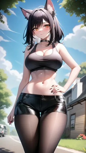 female furry anthro wolf, fur, (anthro, scalie, wolf female), (medium breasts, big hips, wide hips, tail), countershading, (tank top, shorts, pantyhose), (best quality, masterpiece:1), seductive, looking at viewer, outdoors country road, village, village houses, truck on the road, detailed style, e6top150, abs, claws, <lora:e6top150-v1-locon:.8>