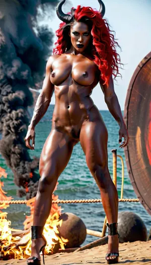 Una IA ultra-realista generó fotorealista imagen porno de una gran chica demonio musculoso con piel perfecta, cuerpo aceitado, vista corporal completa, ojos rojos, de pie delante del espectador con luciendo enojado lápiz labial negro y el infierno en fuego azul
