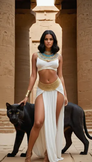 La joven era una obra maestra de la antigua belleza egipcia, con pelo negro largo, pechos naturales enormes y piel bronceada. Sus caderas anchas y su enorme trasero estaban perfectamente proporcionados a su altura alta, y llevaba un vestido blanco transparente que mostraba fuera