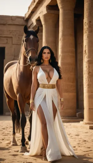 The ancient Egyptian woman was a masterpiece of beauty, with her long wavy black hair and tanned skin. She wore a white transparent dress that revealed her full body, including her mature breasts and wide hips. Her horse was also dressed in a beautiful