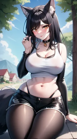 female furry anthro wolf, fur, (anthro, scalie, wolf female), (medium breasts, big hips, wide hips, tail), countershading, (tank top, shorts, pantyhose), (best quality, masterpiece:1), seductive, looking at viewer, outdoors country road, village, village houses, truck on the road, detailed style, e6top150, abs, claws, <lora:e6top150-v1-locon:.8>