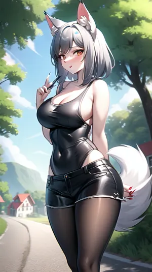 female furry anthro wolf, fur, (anthro, scalie, wolf female), (medium breasts, big hips, wide hips, tail), countershading, (tank top, shorts, pantyhose), (best quality, masterpiece:1), seductive, looking at viewer, outdoors country road, village, village houses, truck on the road, detailed style, e6top150, abs, claws, <lora:e6top150-v1-locon:.8>