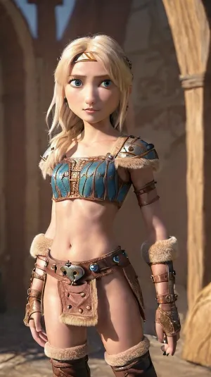 Astrid Hofferson, l'eroina curva e sexy della serie "Dragon Age", è catturata in una posizione mozzafiato mentre tiene le sue ascelle medievali in pelle scintillante con un accenno di lentiggini attraverso il naso e le guance