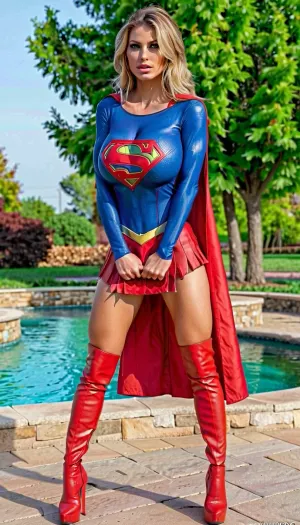 Supergirl's high quality, realistic image showcases her muscular leg and large breasts in a sexy, skin-tight outfit