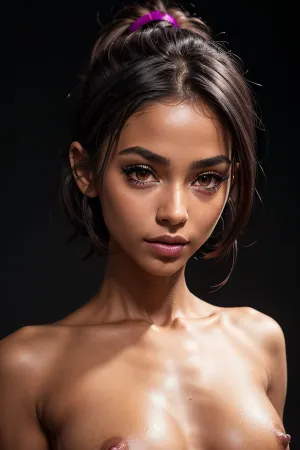 Deux filles en vêtements 3DMM ultra-haute résolution se tiennent devant une lumière noire et magenta, leurs yeux fermés en se penchant pour un baiser. Leurs lèvres brillent de gloss l'une de l'autre en explorant la bouche de l'autre