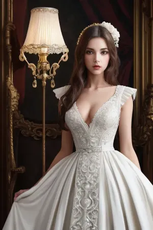 Una fotografia mozzafiato di una donna in un vestito bianco con intricato pizzo dettagliante e risoluzione 32k per vero capolavoro