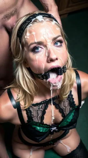 Solo, 1girl, masterpiece, gagged girl, spider gsg in her mouth, (perfect lighting:1.4), (skinny:1.4), (ultra detailed face:1.4), (ultra high detailed lace cheerleader outfit:1.4), 8k, (slutty cheerleader outfit in, (black, white, green lace), , :1.4), (high resolution:1.4), (55 year old cheerleader:1.4), body, 5ft, heavy makeup, blonde hair, blue eyes, tanned skin, hairband, thigh high socks, (tons of cum:1.4), bukkake, locker room full of naked med, <lora:more_details:.5>, <lora:Lgirl-v6_500steps:1>, <lora:facialized:.5>, <lora:cum_b1:.5>, <lora:bukkake_v0.4:1>, ring, gag, metal, tied, <lora:RingGag-v1:.5>, r1nggag, <lora:ringgag-02:.5>