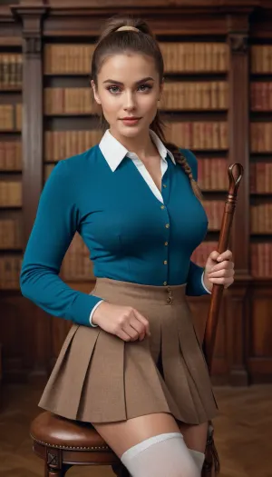 여성들은 높은 책장과 나무 바닥과 역사적인 도서관의 의자에 서있다. 그녀는 승마 작물과 미소를 카메라에 들고 있었다. 그녀의 피부는 흠없는, 그녀의 입술은 가득하고, 그녀의 눈은 크고