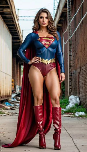 The AI generated photo of Supergirl, in a sexy red bustier and thigh-high boots, with her long legs and athletic build on full display. She stands tall and proud, showcasing her bulging veins and muscular legs. The photo is