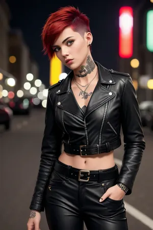 A high school girl with a punk aesthetic poses seductively for a photo shoot in London at night, wearing a leather jacket and multicolored hair. She has fine textural details of her tattoos on display, and the photo is from a