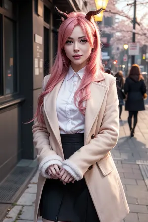 The girl with the long fur-trimmed brown coat draped on her shoulders, wearing a pink hair ribbon and halo glowing softly, leaned forward slightly with a gentle smile as she adjusted her coat