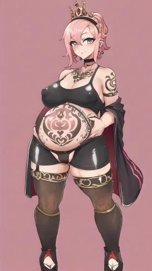 Ein junges Midget-Mädchen mit riesigen Brüsten, geschwollenem Bauch und Tattoos ist mit Zwillingen schwanger und hat sehr blasse Haut. Sie hat auch große Vorderansicht Brüste und trägt lila Dessous