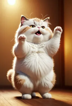 Маленькая волосатая кошка с брюхом и вытянутой формой сидела на полу, глядя вверх на толстого симпатичного пушистого кота с брюхом. У него был 3D-персонаж и стиль минимализма, но он молился лапами