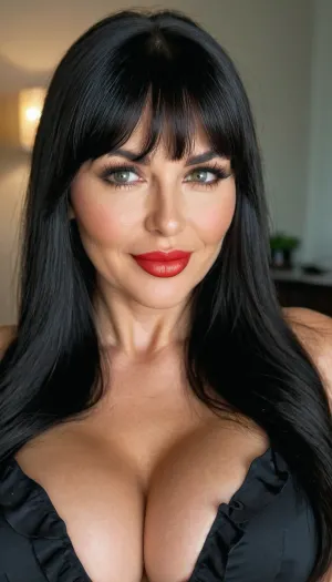 A 40-year-old bimbo slut with perfect symmetry and a beautiful face was captured in a picture, showing off her beauty. She had bright eyes, full lips, and a straight bang that perfectly framed her face. Her black hair was