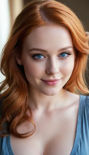 一个美丽的20岁女子,有着橙色的头发,蓝色的眼睛,沉重的眼皮,角质,微笑和脸部向下倾斜,正在通过拥挤的聚会. 她的化妆是无瑕疵的 她穿着长长的橙色裙子