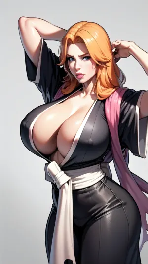 In the picture, a mature female with long hair parted to the side, wearing a white background and orange kimono. Her lips were parted slightly, revealing her teeth. She had large breasts that were jutting out from her upper body. Her