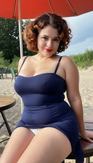 사진의 여성은 넓은 엉덩이와 배관 thighs와 frilly 복장을 착용했다. 그녀는 그녀의 뒤를 떨어뜨리고 그녀의 눈이 밝고 활기찬 머리카락을했다. 그녀는 얼음의 유리에 sipping이었다