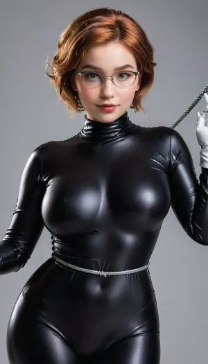 Anna Elsa Disney Princess, 20 years old and volouptous body, stands perfectly still in front of the camera with a perfect figure and full-length gloves that cover her arms and a red rubber silver bodysuit that hugs her curves perfectly