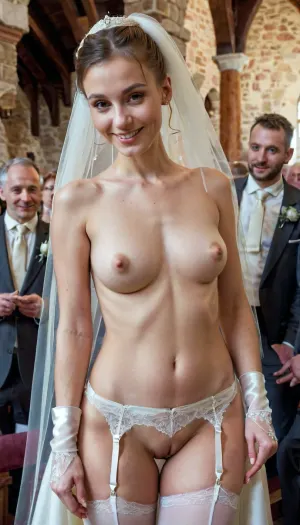 The bride was a stunning vision in her white laced stockings with garter, stockings, and sexy smiling dancing bride. She had perfect skin, visible nipples, and a closeup of her perfect breasts. Her groom was a handsome
