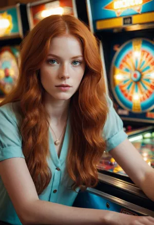 The college age redhead sat at the pinball machine, her pale skin glowing in the dimly lit room. She was engrossed in the game, her fingers moving quickly across the buttons as she tried to beat her high score. Her long