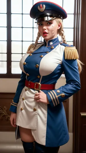 女性角色全面成长的超现实主义画面,身着蓝色大衣,红色管状白色裤子,以及青铜扣. 她有金发和明亮的眼睛。 她的乳房被精液覆盖着 她的脸正在滴水