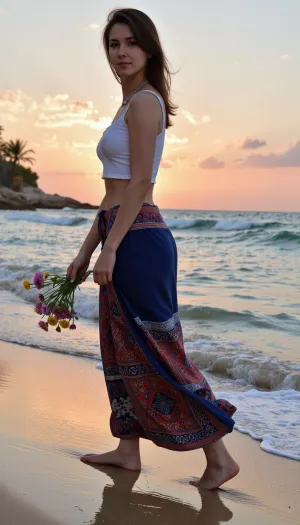 A stunning 25-year-old Turkish girl stands at the shoreline, holding a bouquet of wildflowers in one hand and facing the sunset. Her raven hair cascades down her back, complementing her outfit of a simple white blo
