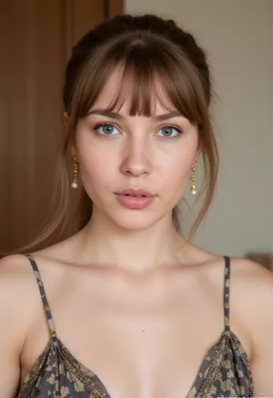 Um close-up deslumbrante de uma mulher vestindo uma roupa elegante mas simples com uma aparência de maquiagem sutil e natural. Seu cabelo castanho claro / nude é decorado em um estilo tousled, casual e sua maquiagem é definida, mas não overpowering. Ela..