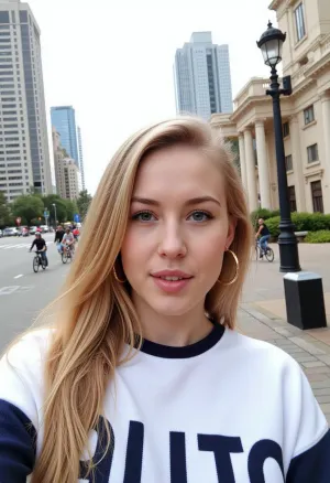 The young woman's hair falls in loose waves over her shoulders, framing her face with natural, golden highlights. Her makeup is subtle but elegant, with winged eyeliner that emphasizes her striking blue-gray eyes. Her lips are glossy and pink