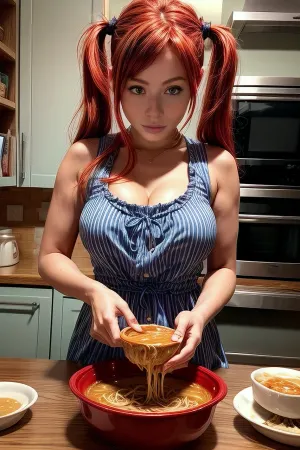 그림의 소녀는 그녀의 손으로라면을 먹고, 그녀의 가슴에 음식을 유출하고 그녀의 드레스에 떨어졌다. 그녀는 그녀의 곡선을 보여주고 그녀의 머리카락에 귀여운 돼지 꼬리를했다 블루 드레스를 착용했다. 그림