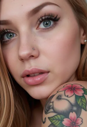 El retrato hiperrealista del hermoso, impresionante personaje femenino único con grandes ojos turquesas y una sonrisa brillante llena de alegría y emoción. Tiene un tatuaje en su piel tostada que lee "AI" en 32k