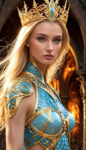 Mükemmel bir yüz ve uzun ince kolları olan 21 Y_O moda üst modeli, bir elfic kılıcını bir boğmak, mandala, alnında ve "zenith" kelimesi üzerine yazılmış