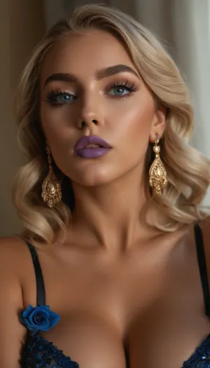 Un modèle professionnel avec de grandes poitrines et un accent sur les lèvres juteuses pose pour une photo portant un latex blanc et noir set de lingerie focus avec des accents noirs qui soulignent ses courbes