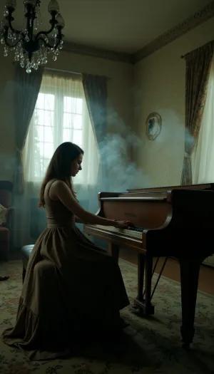 그녀는 melancholic 은혜와 함께 연주, 그녀의 손가락은 mournful lullaby 같은 키를 통해 춤. 그녀의 주위에 춤을 추는 그림자, 그들의 얼굴은 sorrow와 longing에서 비틀었습니다. 그녀가 연주로, 방은 흔들림과 함께 살아가는 것 같다