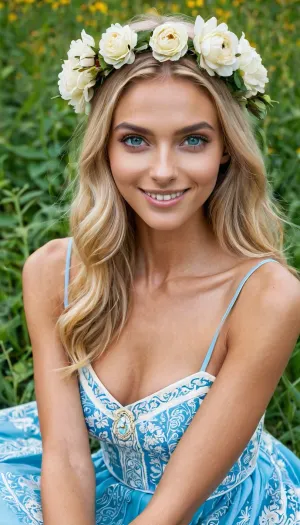 Ukraynalı 21 Y_O moda üst model, geleneksel bir Vyshyvanka ve çiçek taç giymek, bir alanda gerçekleşir, başyapıt, en iyi kalite, ince kolları ve bacakları ile mükemmel yüz. O, zayıf kolları olan çok sert vücut