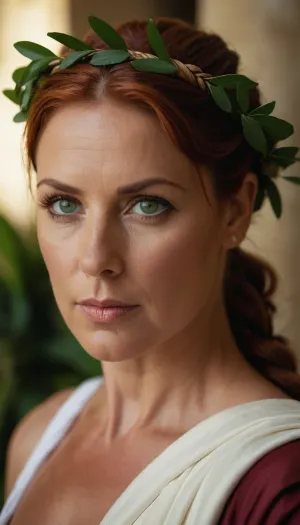 La donna era una bellezza di 40 anni dagli occhi verdi con capelli ardenti e una corona di alloro nei suoi capelli. Indossava un toga, che ha rivelato il suo corpo tonico, e ha tenuto una foto di sé davanti alla