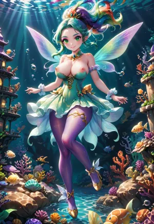 Sirenix),这个有翅膀和美人鱼尾巴的仙女,在她潜水到水下时从这张照片中可以看到. 她带有浅蓝色线条的绿绿色顶部增加了她的自然美貌,强调她的曲折身材. 她宽的臀部