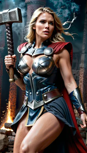 一个长着金发和刺穿蓝色眼睛的女人站在一个巨大的锤子前,全身是汗. 她举起双臂向天空飞翔,然后将双臂带下强大的弧形,引起火花从锤子表面飞来. 