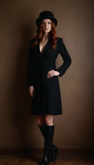Una donna di 40 anni con capelli lunghi e cocci, indossando un cappello da bowler e stivali di pelle, posato fiduciosamente davanti a una parete