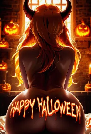 A sexy demon with a huge ass and perfect face is looking back at the viewer, dressed in an orange icing outfit. She has high quality AI generated text written in orange icing on her body, saying "Happy Halloween" in giant letters
