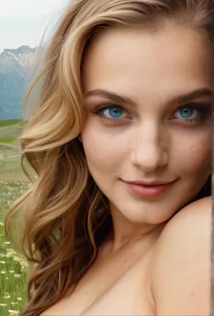 A woman with a round face, big eyes, and a small mouth is walking on an endless meadow with mountains in the background. She has symmetrical eyes, a small rounded nose, and long eyelashes. Her lips are glossy and her