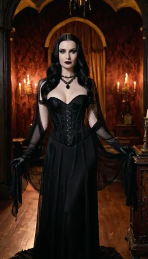 The tall, 30-year-old goth girl with long straight black hair and pale skin stood in front of the camera, wearing a tight corset, long sheer black gloves with flowing black cloth attached, plunging neckline, long sheer black